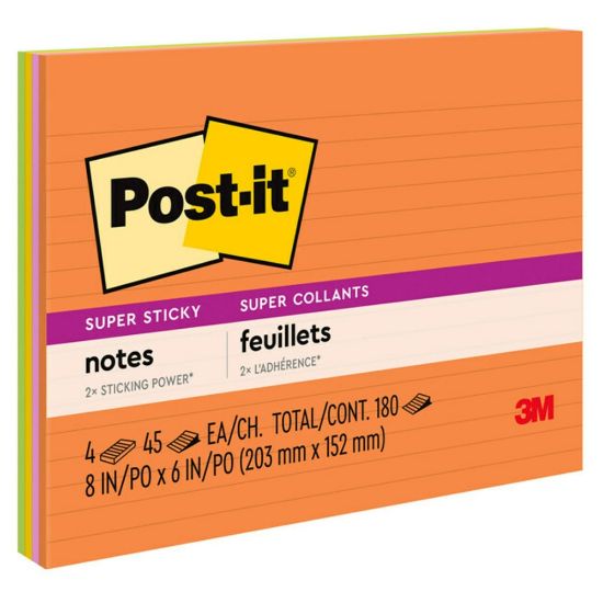 Picture of Post-it Super Sticky Notes, 8 in x 6 in, 4 Pads, 45 Sheets/Pad, 2x the Sticking Power, Energy Boost Collection, Lined