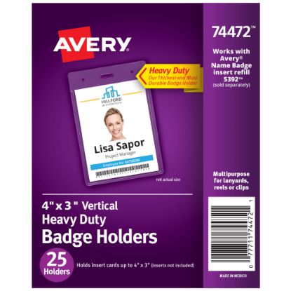 Picture of Avery Secure Top Badge Holders, Vertical Prepunched, 4in x 3in Badge, Clear, Box Of 25