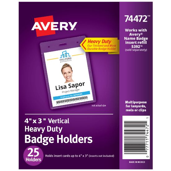 Picture of Avery Secure Top Badge Holders, Vertical Prepunched, 4in x 3in Badge, Clear, Box Of 25