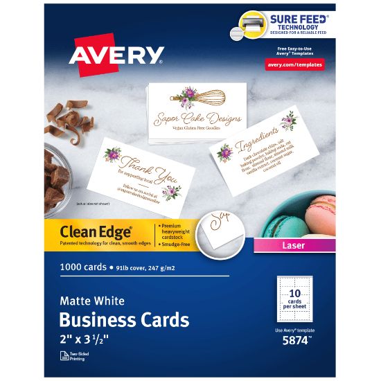 Picture of Avery Clean Edge Printable Business Cards With Sure Feed Technology For Laser Printers, 2in x 3.5in, White, 1,000 Blank Cards