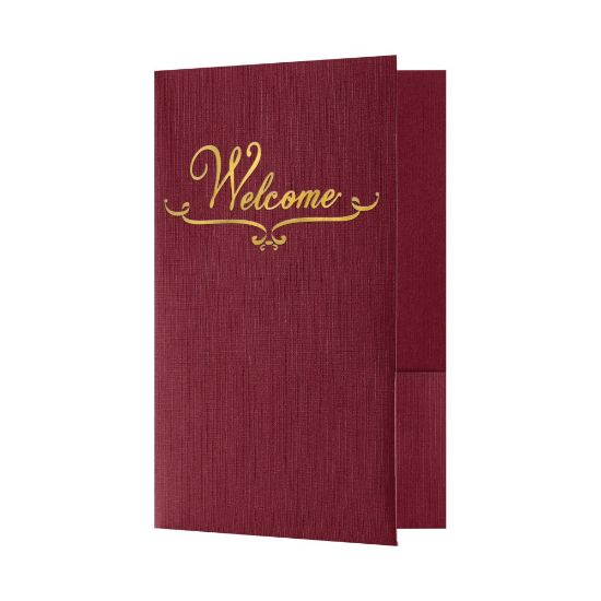 Picture of LUX Welcome Folders, 5 3/4in x 8 3/4in, Burgundy Linen/Gold Foil, Pack Of 25 Folders