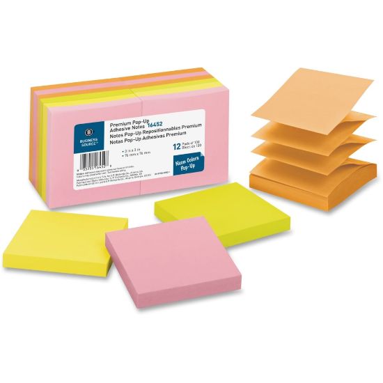 Picture of Business Source Reposition Pop-up Adhesive Notes - 3in x 3in - Square - Assorted Neon - Removable, Repositionable, Solvent-free Adhesive - 12 / Pack