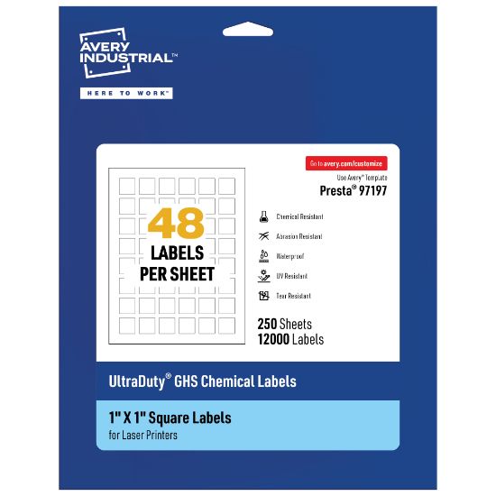 Picture of Avery Ultra Duty Permanent GHS Chemical Labels, 97197-WMU250, Square, 1in x 1in, White, Pack Of 12,000