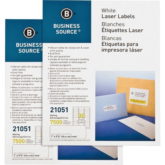 Picture of Business Source Premium-Quality Address Labels, 21051CT, Rectangle, 1in x 2-5/8in, Bright White, 250 Sheets Per Pack, Carton Of 2 Packs