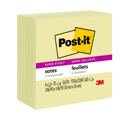 Picture of Post-it Super Sticky Notes, 3 in x 3 in, 6 Pads, 70 Sheets/Pad, 2x the Sticking Power, Canary Yellow