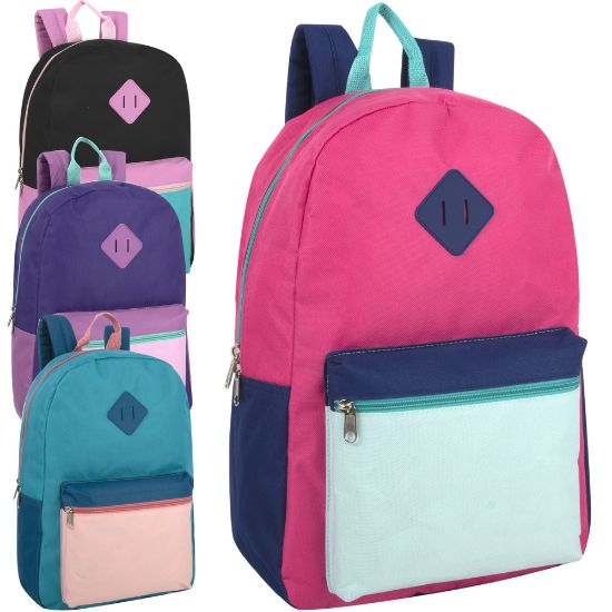 Picture of Trailmaker Multicolor Backpacks, Assorted Colors (Black/Carribean; Pink/Carribean; Purple/Plum; Green/Pink), Pack Of 24 Backpacks