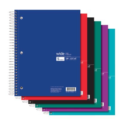 Picture of Office Depot Brand Wirebound Notebook,  8in x 10-1/2in, 5 Subjects, Wide Ruled, 180 Sheets, Assorted Colors (No Color Choice)