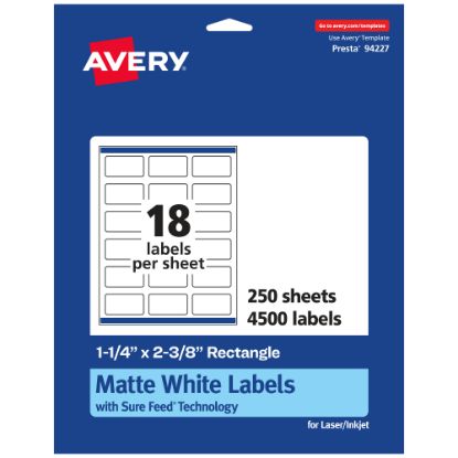 Picture of Avery Permanent Labels With Sure Feed, 94227-WMP250, Rectangle, 1-1/4in x 2-3/8in, White, Pack Of 4,500