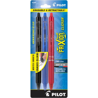 Picture of Pilot FriXion Ball Clicker Erasable Retractable Gel Pens, Pack of 3, Fine Point, 0.7 mm, Classic Assorted Barrels, Assorted Ink Colors