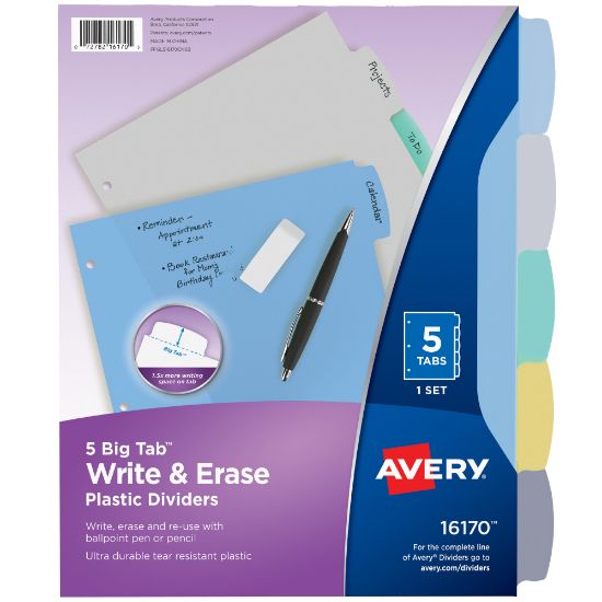 Picture of Avery Durable Write-On Plastic Dividers With Erasable Tabs, 8 1/2in x 11in, Multicolor, 5 Tabs