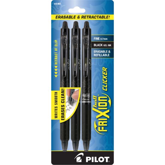 Picture of Pilot FriXion Ball Clicker Erasable Retractable Gel Pens, Pack of 3, Fine Point, 0.7 mm, Black Barrels, Black Ink