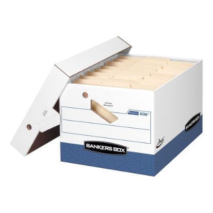 Picture of Bankers Box Presto Heavy-Duty Storage Boxes With Locking Lift-Off Lids And Built-In Handles, Letter/Legal Size, 15in x 12in x 10in, 60% Recycled, White/Blue, Case Of 4