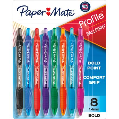 Picture of Paper Mate Profile Retractable Ballpoint Pens, Bold Point, 1.4 mm, Assorted Translucent Barrel, Assorted Ink Colors, Pack Of 8