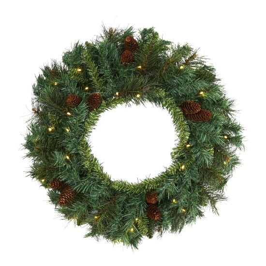 Picture of Nearly Natural Mixed Pine And Pinecone Artificial Christmas Wreath With 35 Warm LED Lights, 20in x 4in, Green