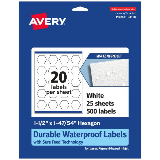 Picture of Avery Waterproof Permanent Labels With Sure Feed, 94120-WMF25, Hexagon, 1-1/2in x 1-47/54in, White, Pack Of 500