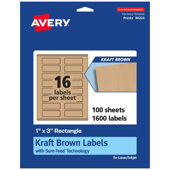 Picture of Avery Kraft Permanent Labels With Sure Feed, 94224-KMP100, Rectangle, 1in x 3in, Brown, Pack Of 1,600