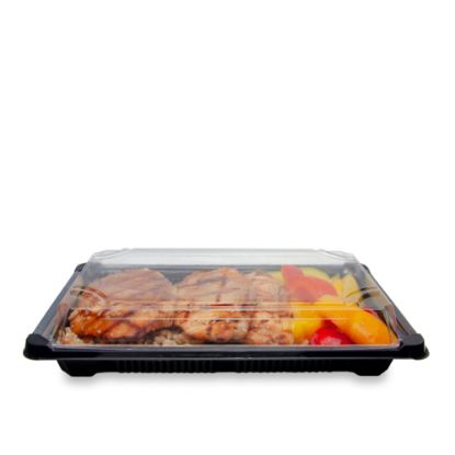 Picture of Stalk Market Compostable Food Trays, With Lids, 9.25in x 5.75in x 1.75in, Clear lids and black bottoms, Pack of 300 Trays