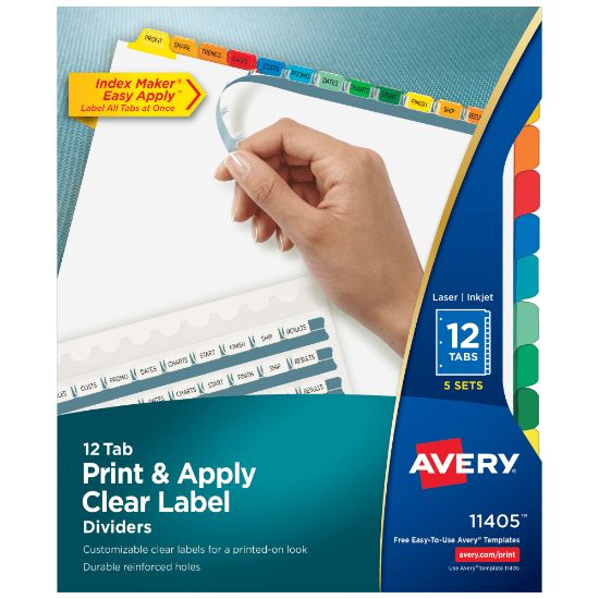 Picture of Avery Customizable Index Maker Dividers For 3 Ring Binder, Easy Print & Apply Clear Label Strip, 12 Tab, Multicolor, Pack Of 5 Sets