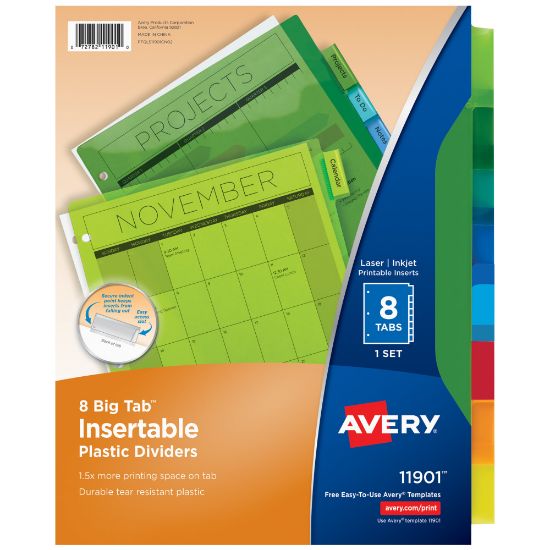 Picture of Avery Dividers for 3 Ring Binders, 8-Tab Binder Dividers, Plastic Binder Dividers, Insertable Big Tab, Multicolor, 1 Set (11901)