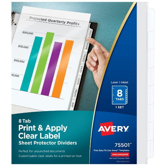 Picture of Avery Sheet Protector Dividers For 3 Ring Binders With Easy Print & Apply Index Maker Label Strip, 8-1/2in x 11in,  8 Tab, Clear With Customizable White Tabs, 1 Set