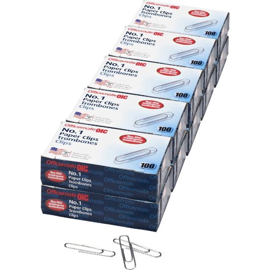 Picture of Officemate No. 1 Nonskid Paper Clips - No. 1 - 1.8in Length x 0.5in Width - Non-skid - 1000 / Pack - Silver - Steel