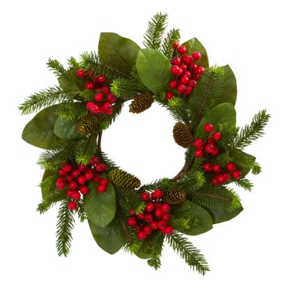 Picture of Nearly Natural Magnolia Leaf, Berry And Pine Artificial Wreath, 19in x 19in, Green