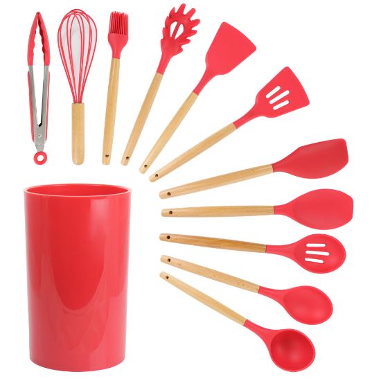 Picture of MegaChef Silicone And Wood Cooking Utensils, Red, Set Of 12 Utensils