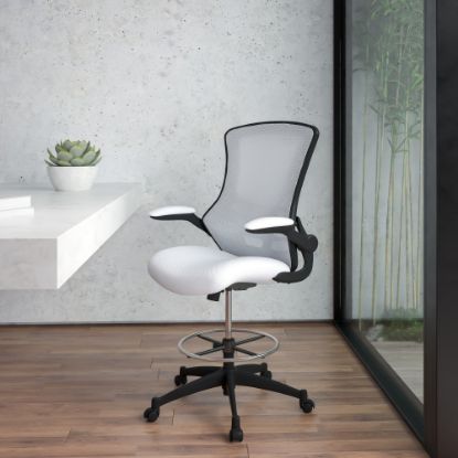 Picture of Flash Furniture Mid-Back Mesh Ergonomic Drafting Chair with Adjustable Foot Ring and Flip-Up Arms, White