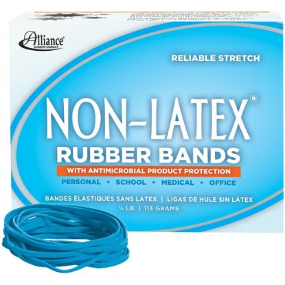 Picture of Alliance Rubber Non-Latex Rubber Bands with Antimicrobial Protection, Size #33 (3-1/2in x 1/8in), Cyan, Approx. 180 Bands per 1/4 lb. Box