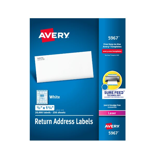 Picture of Avery Laser Address Labels With Sure Feed Technology, Return, AVE5967, 1/2in x 1 3/4in, White, Pack Of 20,000