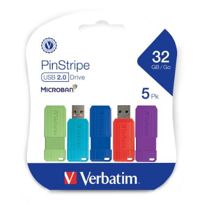 Picture of Verbatim PinStripe USB 2.0 Flash Drives, 32GB, Assorted Colors, 5 Pack