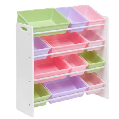 Picture of Honey-can-do SRT-01603 Kids Toy Organizer and Storage Bins, White/Pastel - 12 x Bin - 36in Height x 12.5in Width33.3in Length - Durable, Heavy Duty, Stain Resistant, Rounded Corner, Sturdy - White, Pastel Frame - Plastic, Wood, MDF