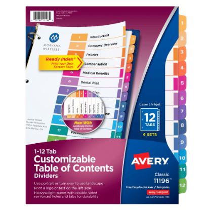 Picture of Avery Ready Index 1-12 Tab Binder Dividers With Customizable Table Of Contents, 8-1/2in x 11in, 12 Tab, White/Multicolor, Pack Of 6 Sets