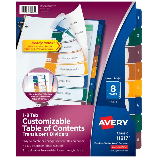 Picture of Avery Ready Index Plastic Dividers, 8-Tab & Table Of Contents, Multicolor