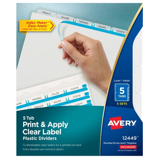 Picture of Avery Print & Apply Clear Label Translucent Plastic Dividers with Index Maker Easy Apply Printable Label Strip, 5 Frosted Clear Tabs, Pack Of 5 Sets