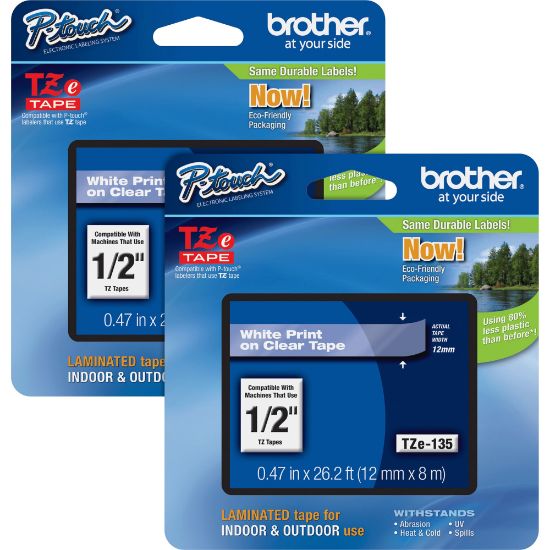 Picture of Brother P-touch TZe Laminated Tape Cartridges, 1/2inW, White, Clear, 2 Per Bundle