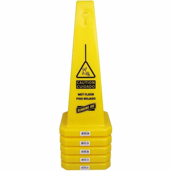 Picture of Genuine Joe Bright 4-sided Caution Safety Cone - 5 / Carton - English, Spanish - 10in Width x 24in Height x 10in Depth - Cone Shape - Stackable - Industrial - Polypropylene - Yellow