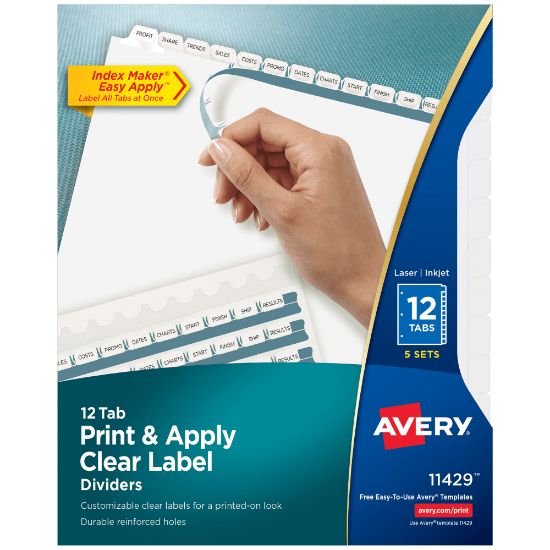 Picture of Avery Customizable Index Maker Dividers For 3 Ring Binder, Easy Print & Apply Clear Label Strip, 12 Tab, White, Pack Of 5 Sets