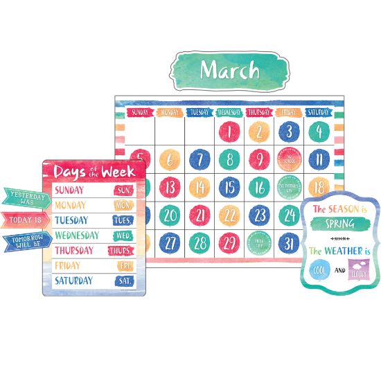 Picture of Teacher Created Resources Watercolor Calendar Bulletin Board Set, Pack Of 87 Pieces