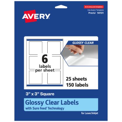 Picture of Avery Glossy Permanent Labels With Sure Feed, 94101-CGF25, Square, 3in x 3in, Clear, Pack Of 150