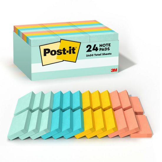 Picture of Post-it Notes, 1 3/8 in x 1 7/8 in, 24 Pads, 100 Sheets/Pad, Clean Removal, Back to School Supplies for Students, Sticky Notes for Textbooks and Notebooks, Beachside Cafe Collection