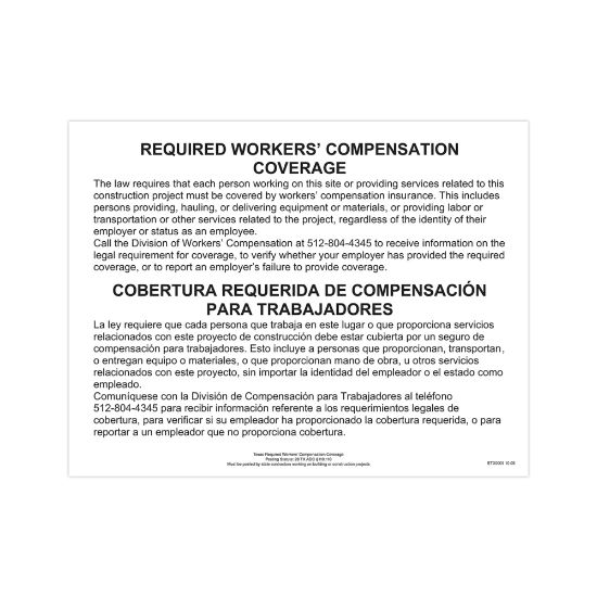 Picture of ComplyRight State Specialty Poster, Workers Comp Coverage, English/Spanish, Texas, 11in x 17in