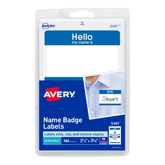 Picture of Avery "Hello My Name Is" Name Tags, 05141, 2-1/3in x 3-3/8in, White With Blue Border, 100 Removable Name Badges