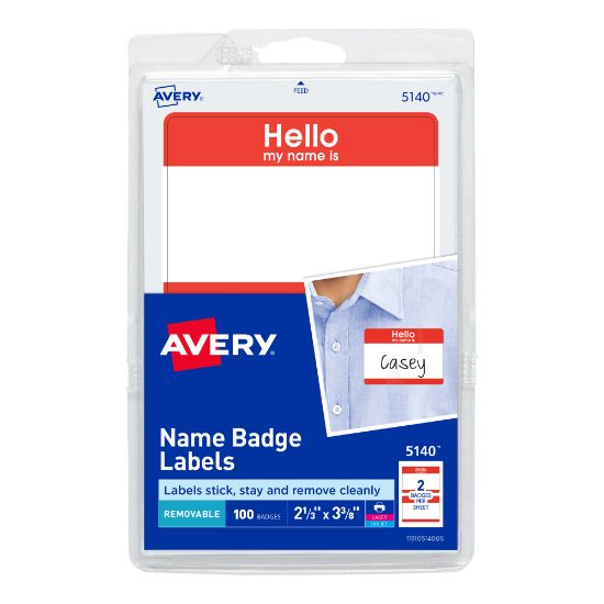 Picture of Avery "Hello My Name Is" Name Tags, 05140, 2-1/3in x 3-3/8in, White With Red Border, 100 Removable Name Badges