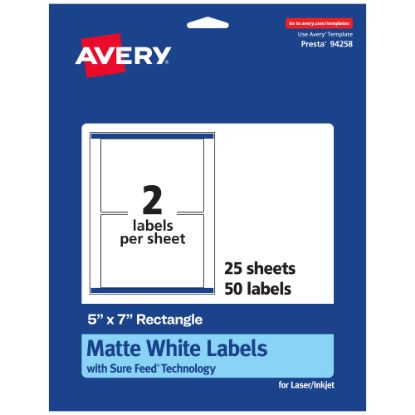 Picture of Avery Permanent Labels With Sure Feed, 94258-WMP25, Rectangle, 5in x 7in, White, Pack Of 50