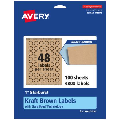 Picture of Avery Kraft Permanent Labels With Sure Feed, 94606-KMP100, Starburst, 1in, Brown, Pack Of 4,800