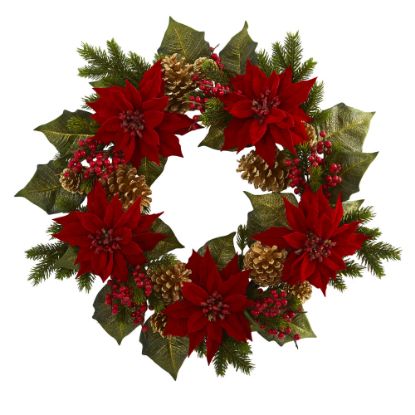 Picture of Nearly Natural 24inH Poinsettia, Berry And Golden Pine Cone Artificial Wreath, 24in x 24in, Red