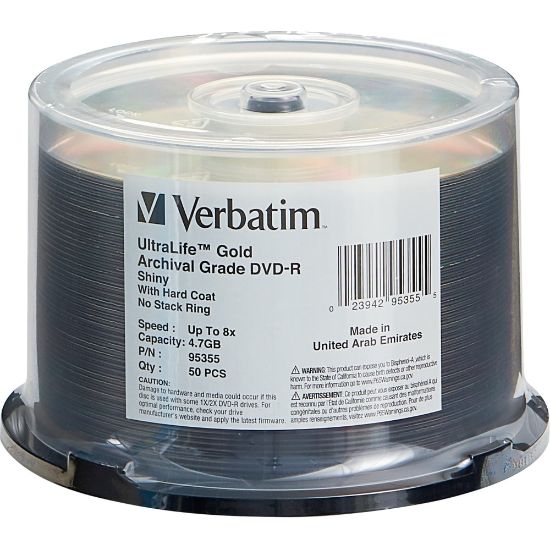 Picture of Verbatim DVD-R 4.7GB 8X UltraLife Gold Archival Grade with Branded Surface and Hard Coat - 50pk Spindle - 2 Hour Maximum Recording Time