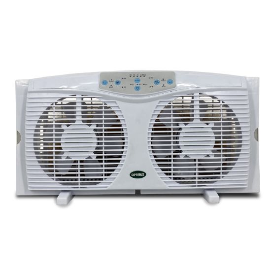 Picture of Optimus Electric Reversible Twin Window Fan With Thermostat And LED, 12in x 23-1/2in, White