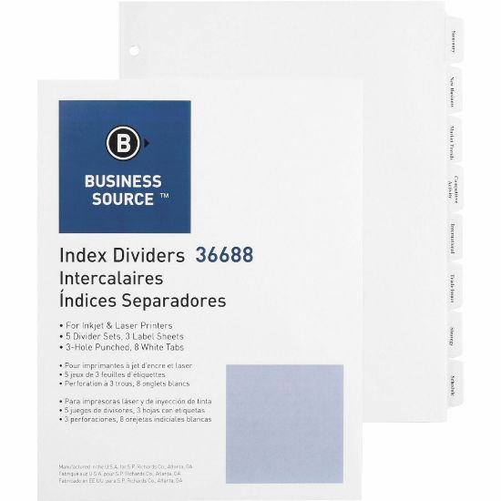 Picture of Business Source Punched Tabbed Laser Index Dividers - 8 Blank Tab(s) - 8.5in Divider Width x 11in Divider Length - Letter - 3 Hole Punched - White Paper Divider - White Tab(s) - Recycled - Mylar Reinforcement, Reinforced, Punched - 5 / Pack